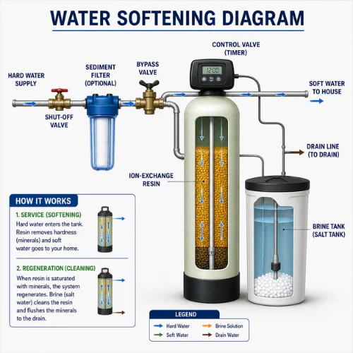 A water softening image showing how it works, the ion exchange process and the main components of a residential water softening system.