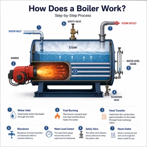 How does a boiler work diagram showing water heating and steam production