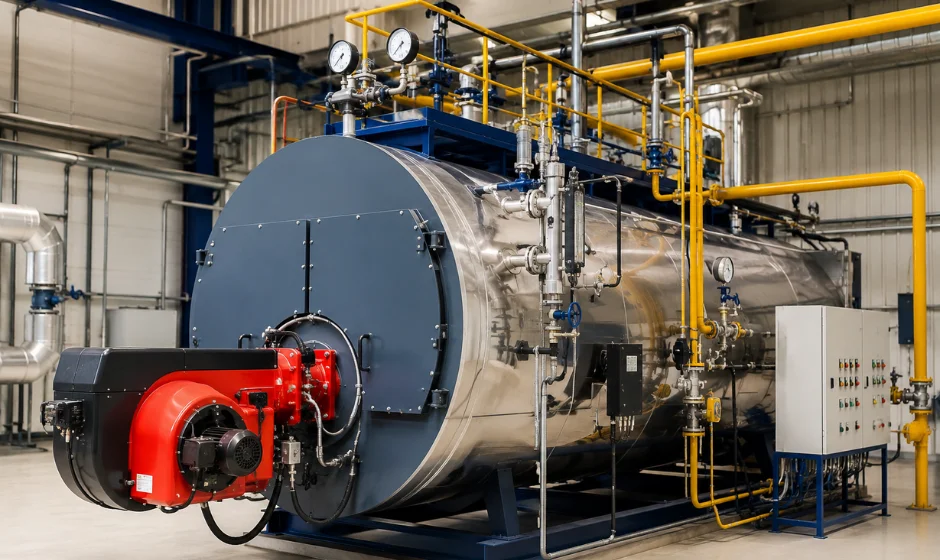 Industrial steam boiler system used for heating and manufacturing processes