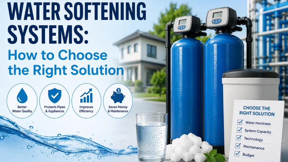 Water softening systems for homes and industries with ion exchange tanks and water treatment equipment.