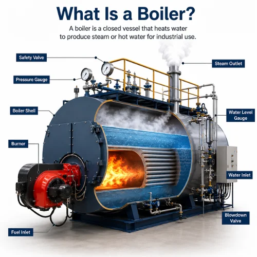 What is a boiler showing steam boiler components and operation