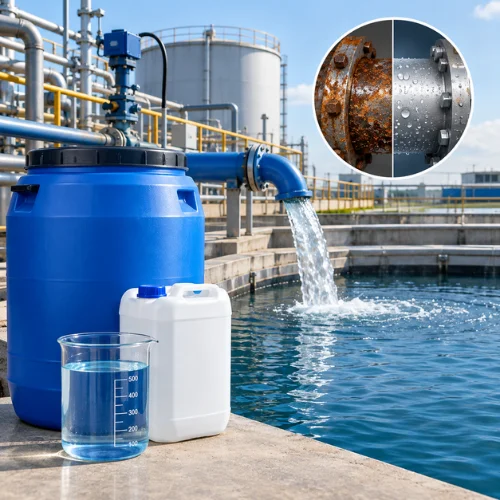 Industrial water treatment system using corrosion inhibitors to protect pipes and metal equipment